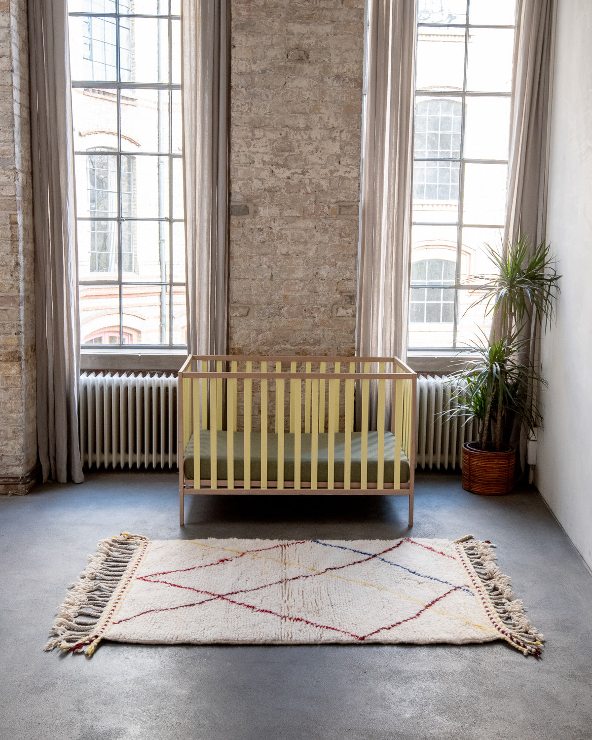Modern, designer, handcrafted Berber rug from Morocco. Beniourain carpet with beautiful colours and patterns and fluffy wool texture.